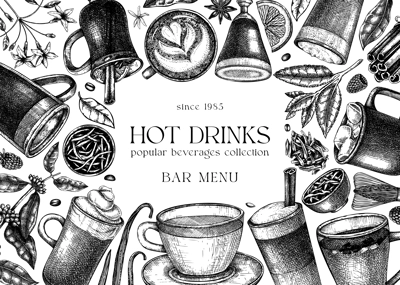 Bar menu design. Vector frame with hot drinks drawings. Hand-sketched tea, mulled wine, coffee, hot chocolate and ingredients illustrations. Popular beverages template for brands, web, menu, packaging